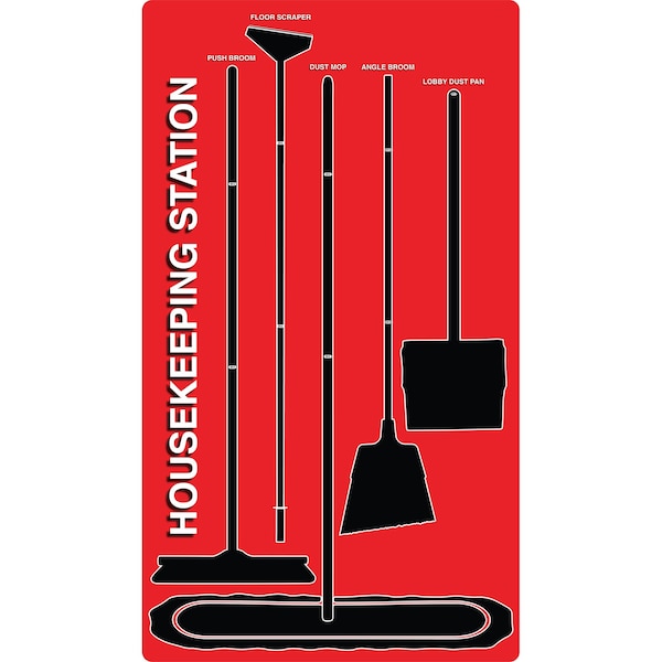 5S Housekeeping Shadow Board Broom Station Version 9 - Red Board / Black Shadows  With Broom